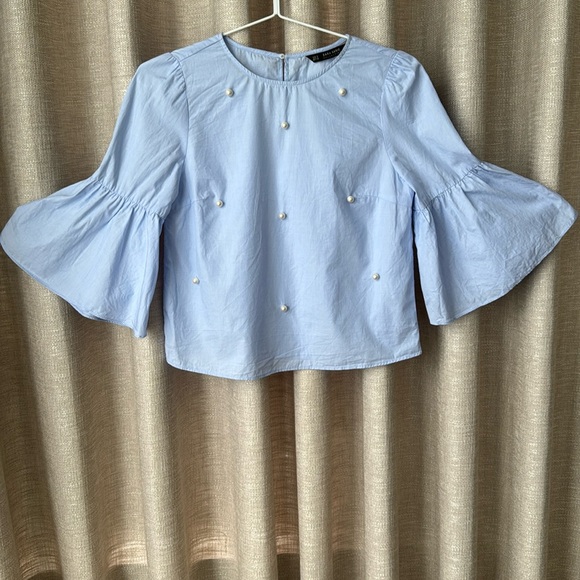Zara Pearl Embellished Blouse Bell Sleeve Women's - Picture 2 of 8